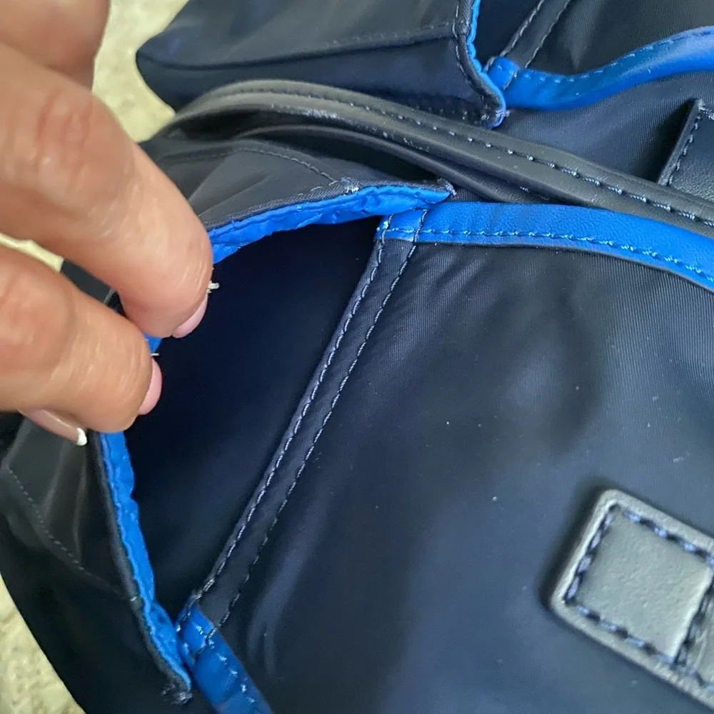 Tory Burch Navy Backpack with Tan Top Handle and Blue Trim